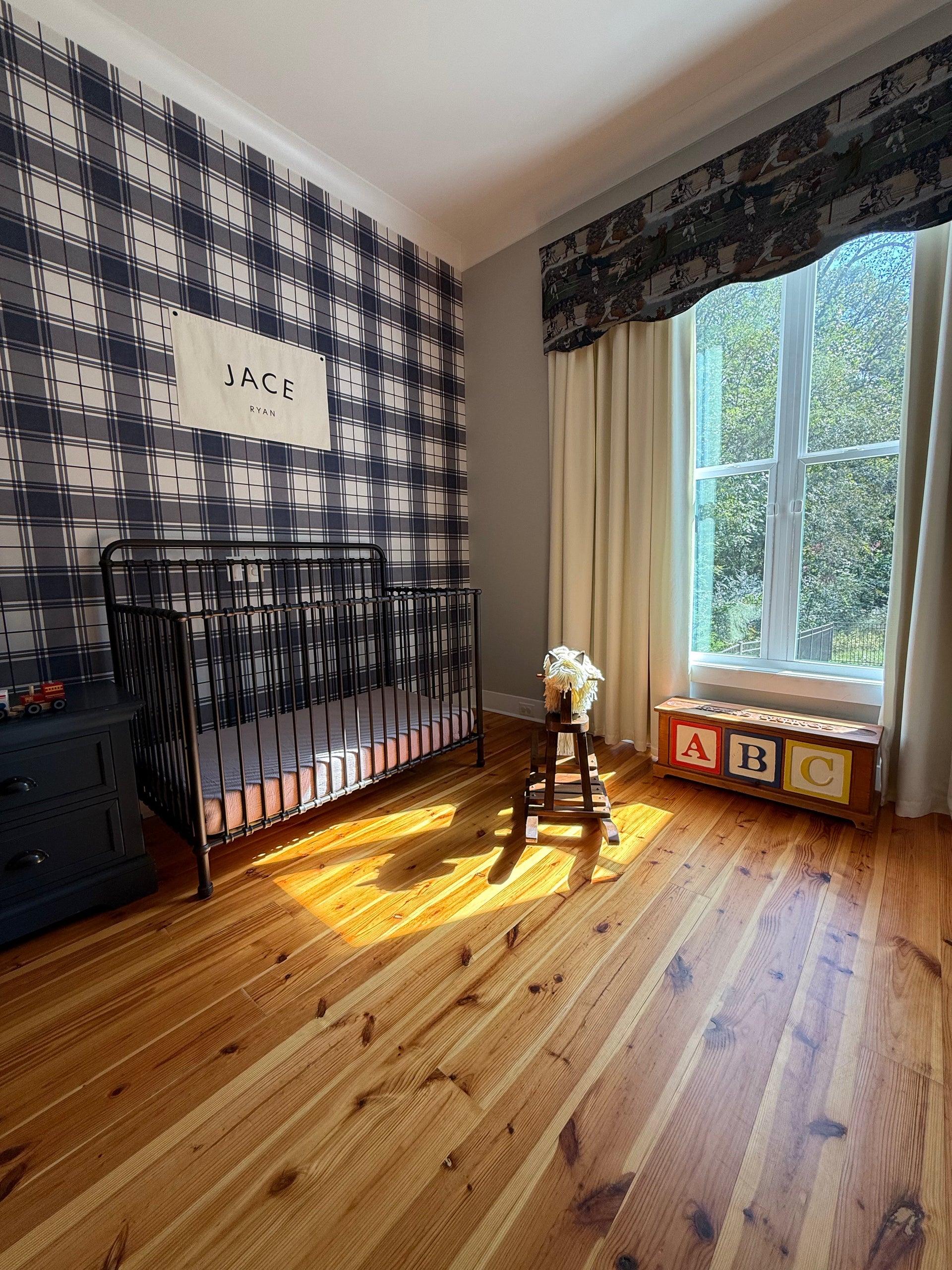 Corbin Plaid Wallpaper: Slate-Blue, Cream & Dark-Maroon Preppy