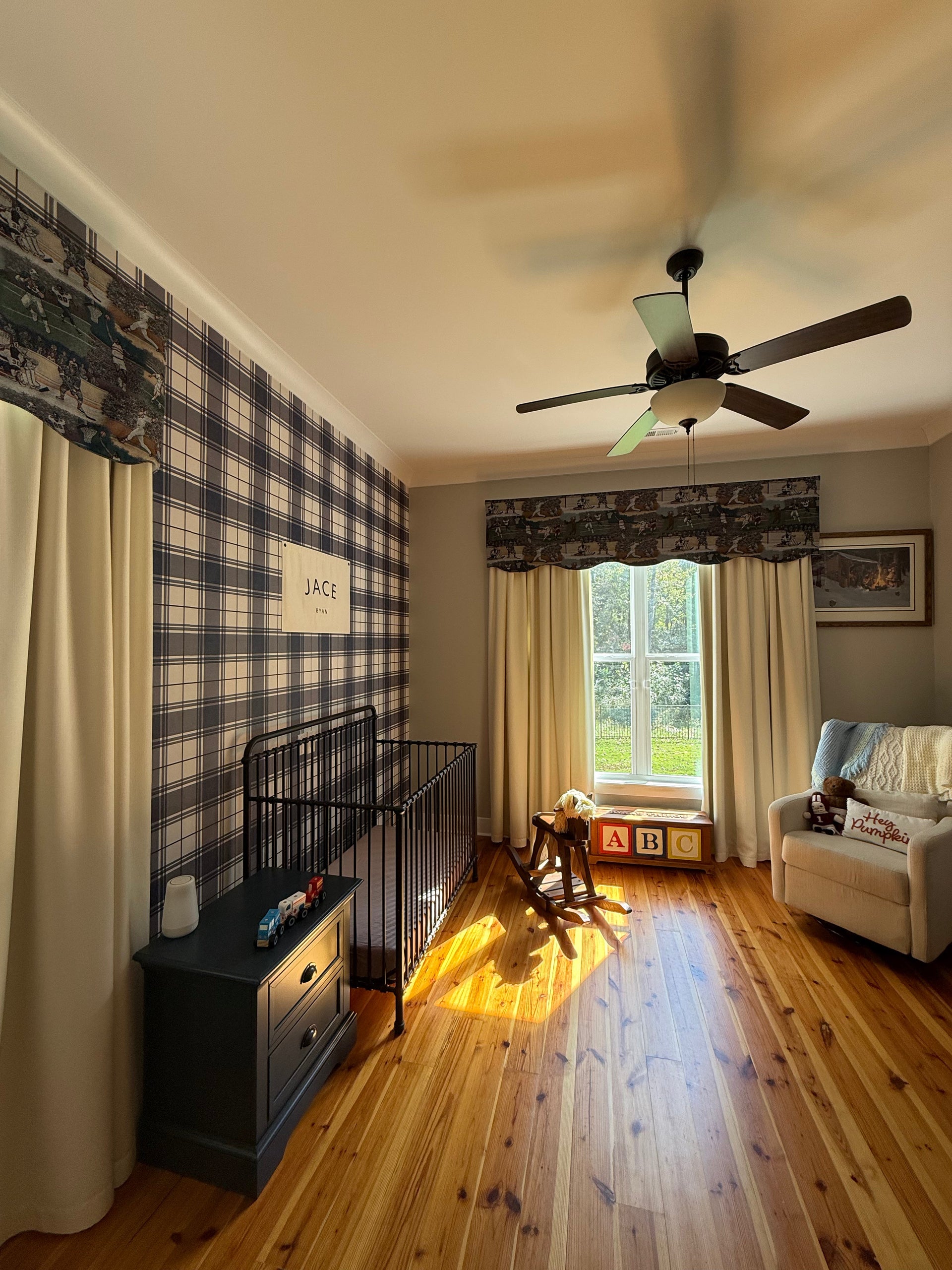 Corbin Plaid Wallpaper: Slate-Blue, Cream & Dark-Maroon Preppy