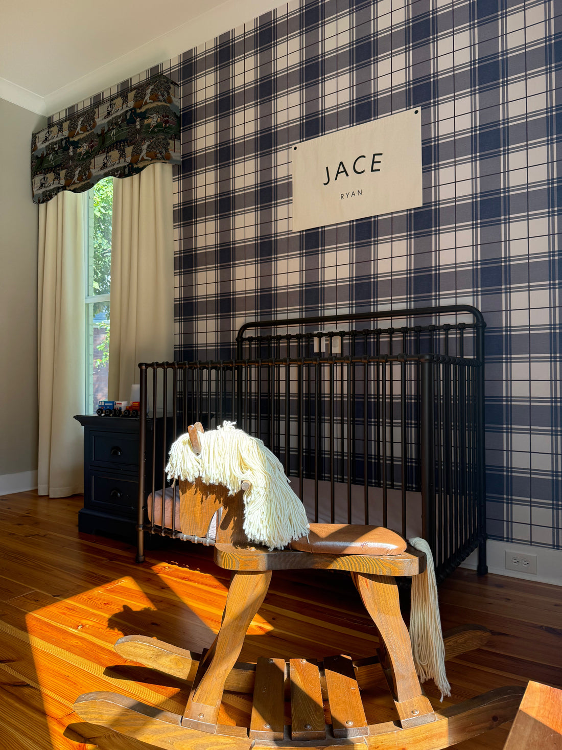 Corbin Plaid Wallpaper: Slate-Blue, Cream & Dark-Maroon Preppy