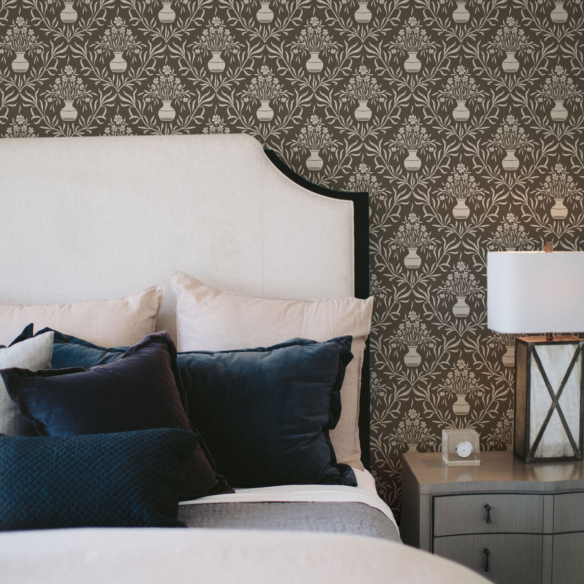 Adela Grey and White Floral Transitional Wallpaper