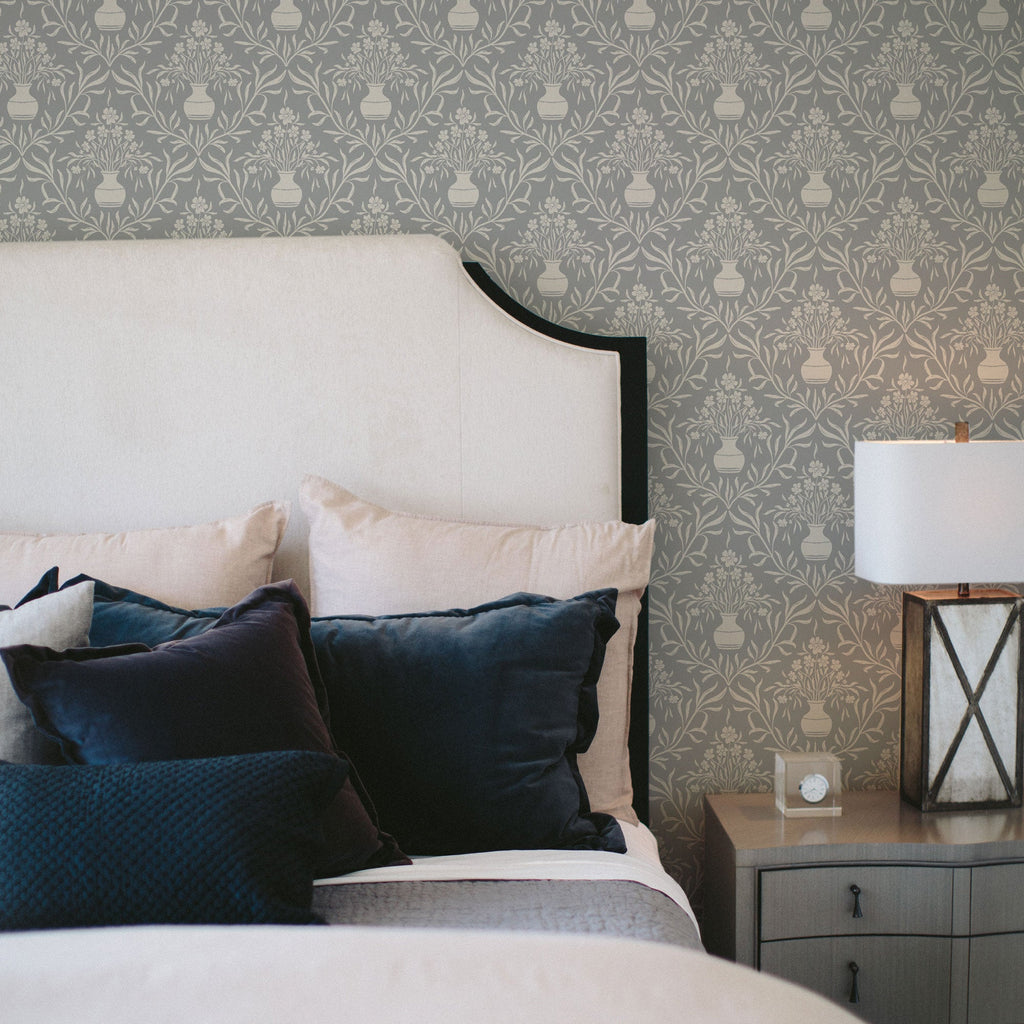 Adela Grey and White Floral Transitional Wallpaper