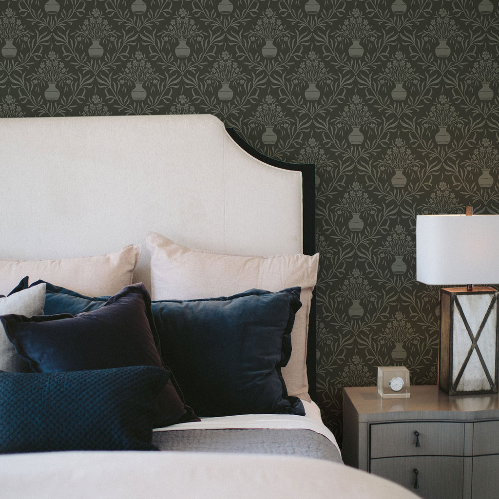 Adela Grey and White Floral Transitional Wallpaper