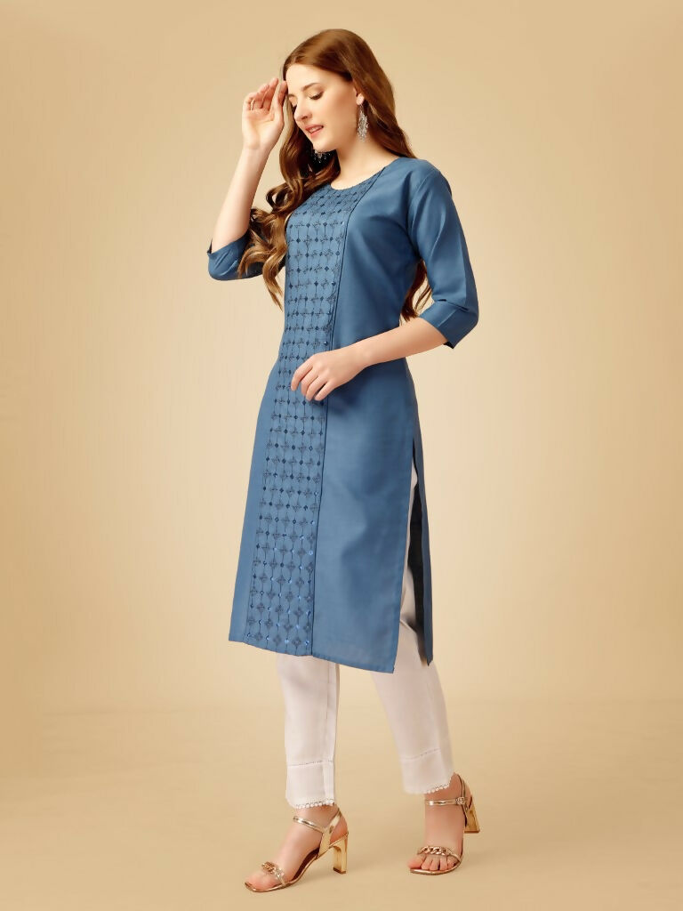 Jyoti Fashion Women's Denim Blue Cotton Blend Embroidered Kurta Pant Set
