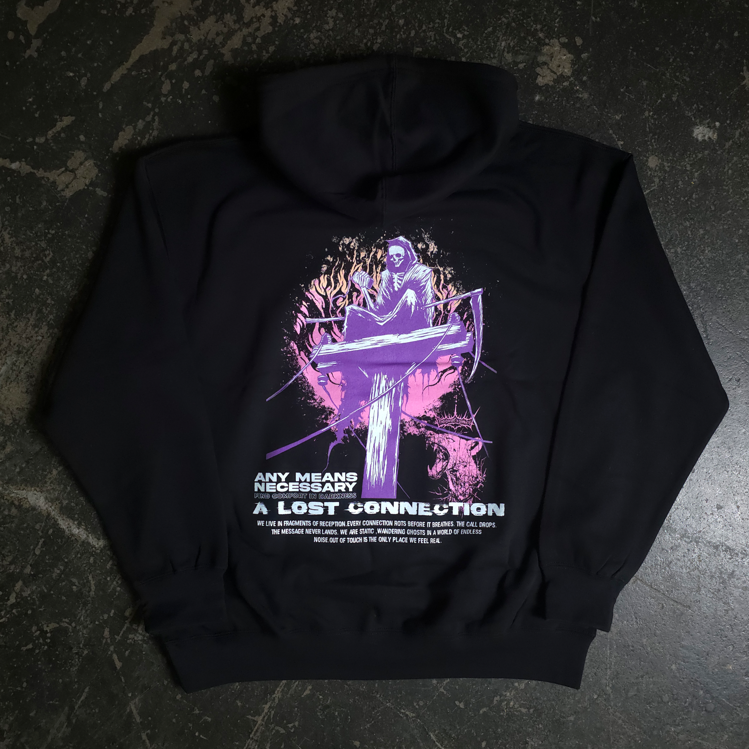 Black pullover hoodie with Lost Connection graphic on front and grim reaper print on back
