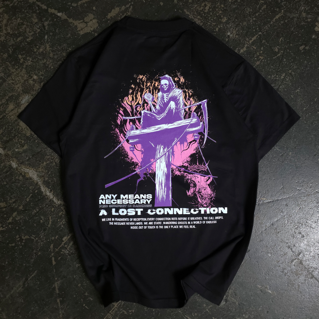 Back of a black Lost Connection t-shirt featuring a grim reaper on a power pole graphic and front view with a power line graphic.
