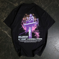 Back of a black Lost Connection t-shirt featuring a grim reaper on a power pole graphic and front view with a power line graphic.