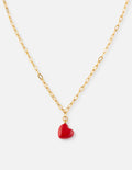 Love Paperclip Chain Necklace in gold with a vibrant red heart charm against a minimalist background