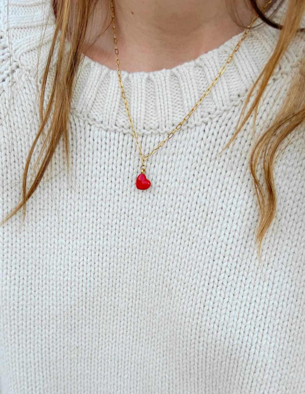 Love Paperclip Chain Necklace in Gold with Red Heart Accent