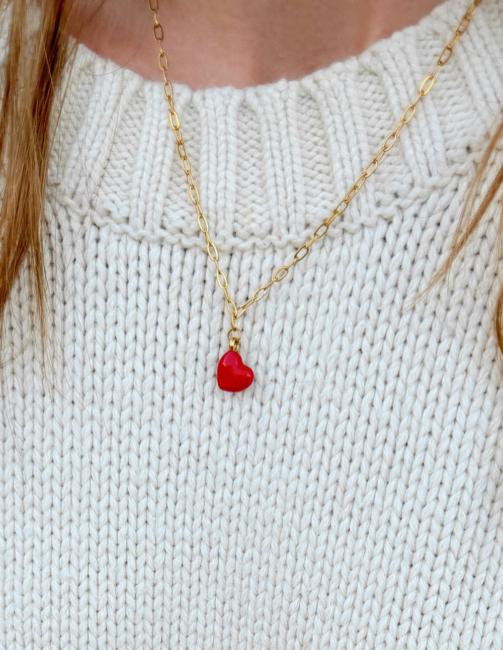 Love Paperclip Chain Necklace in Gold with Red Heart Accent