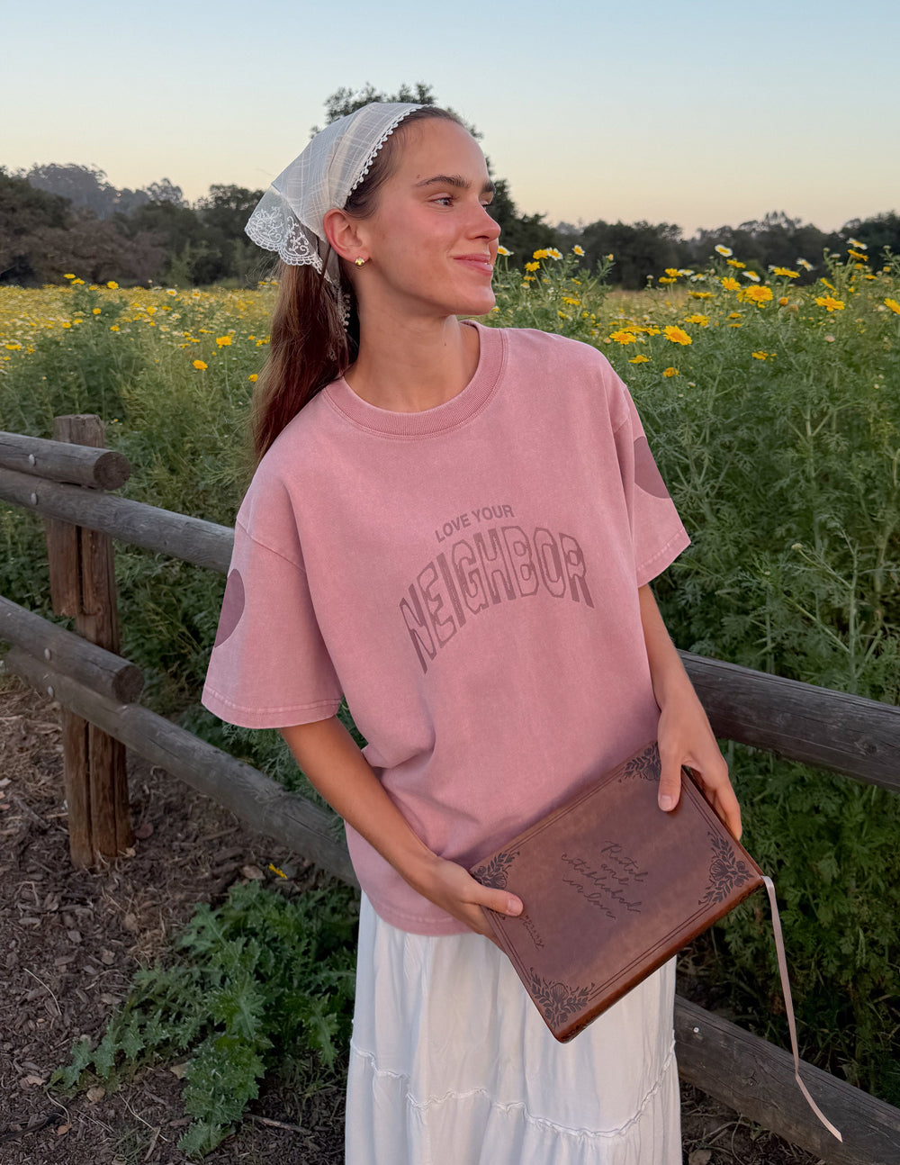 Unisex Love Your Neighbor heavy cotton tee in dusty rose and maroon boxy fit