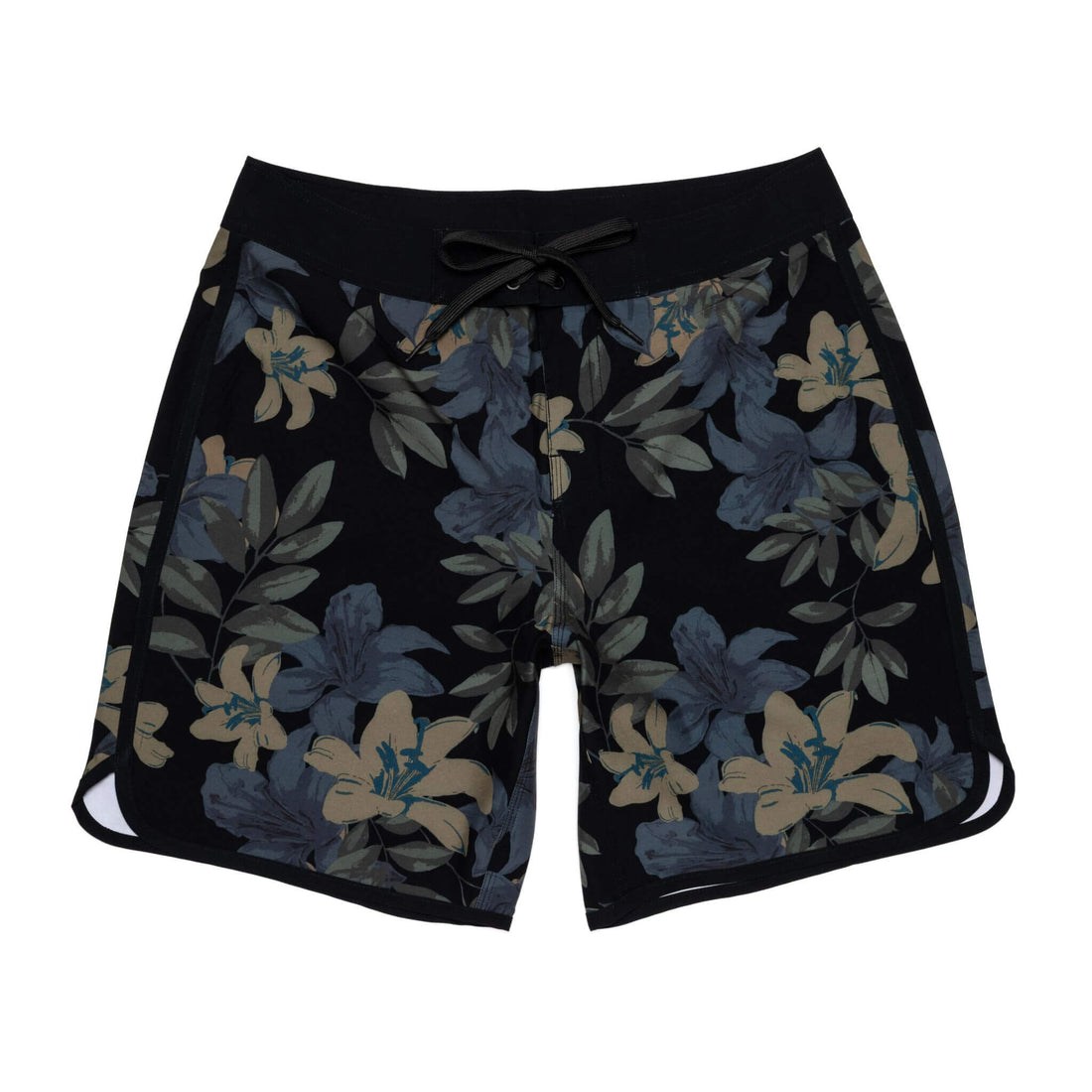 Men's floral boardshorts in black, blue, and beige arranged for a surf-culture look.