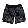 Men's floral boardshorts in black, blue, and beige arranged for a surf-culture look.