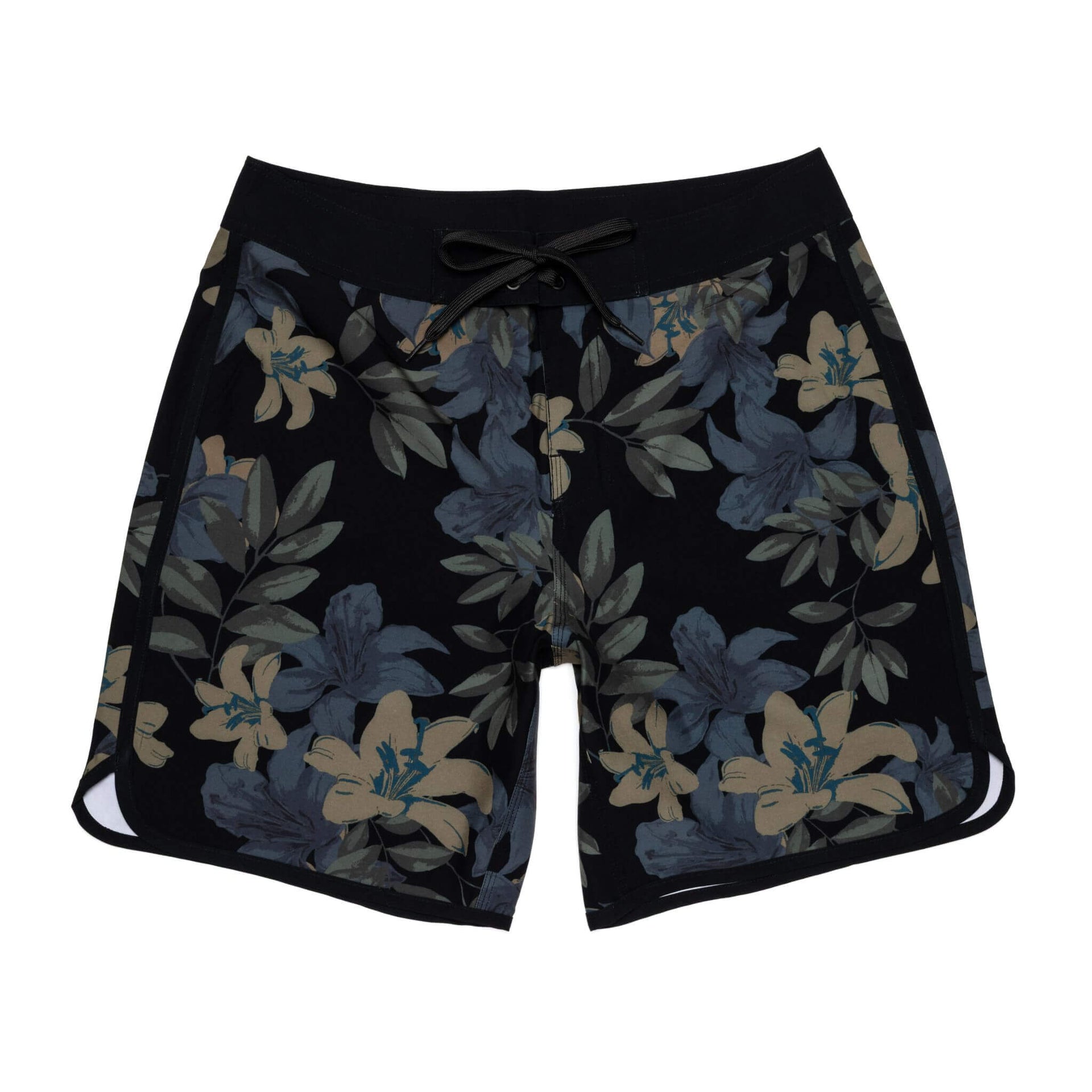 Men's floral boardshorts in black, blue, and beige arranged for a surf-culture look.