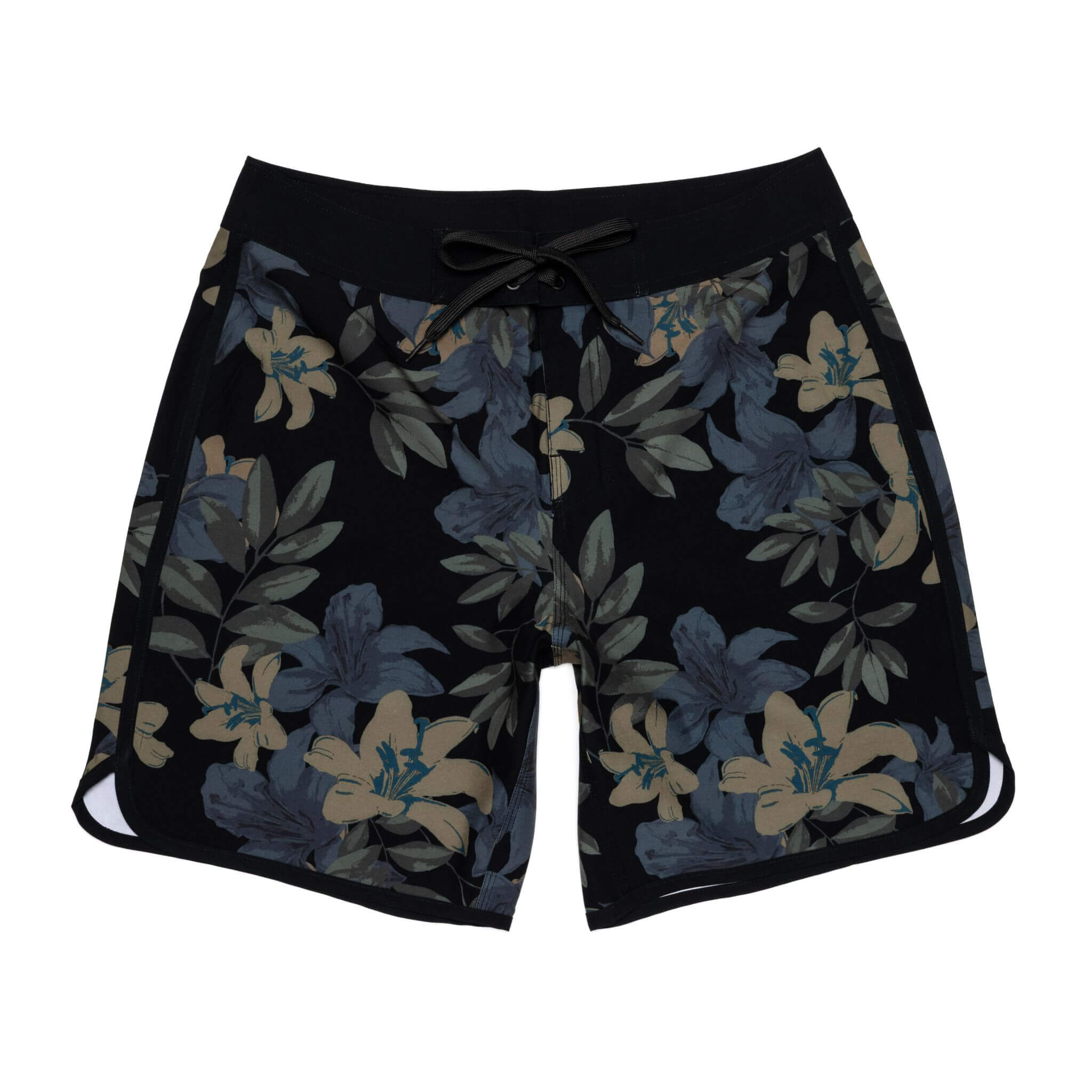 Men's floral boardshorts in black, blue, and beige arranged for a surf-culture look.