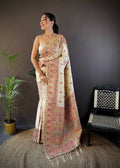Close up of white soft silk saree with traditional Meena weaving details and unstitched blouse