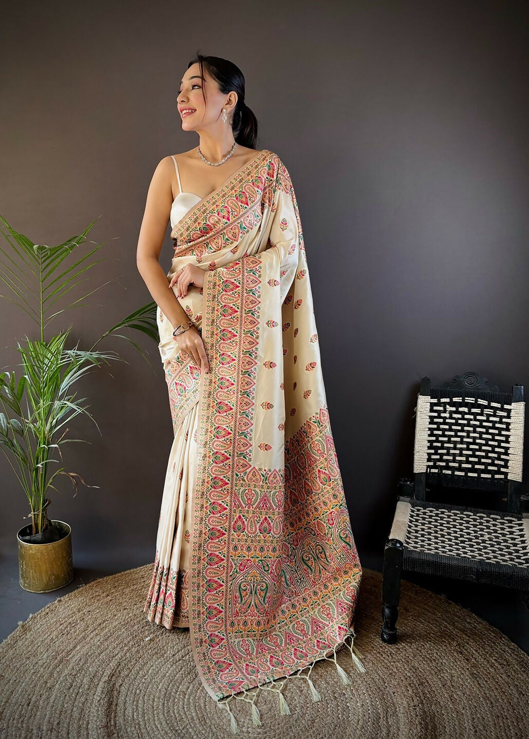 Close up of white soft silk saree with traditional Meena weaving details and unstitched blouse
