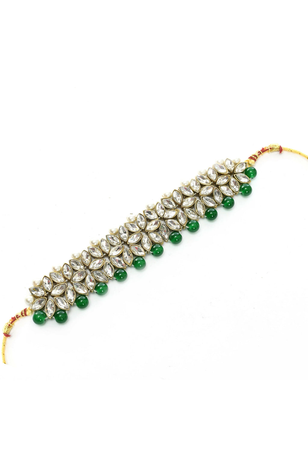 Johar Kamal Gold-Polished Rani Haar Necklace with Green & Off-White Pearls