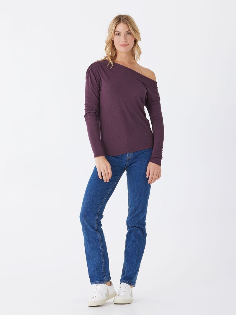 Leoni Feather Rib Long Sleeve Off-Shoulder Top in Dark Purple