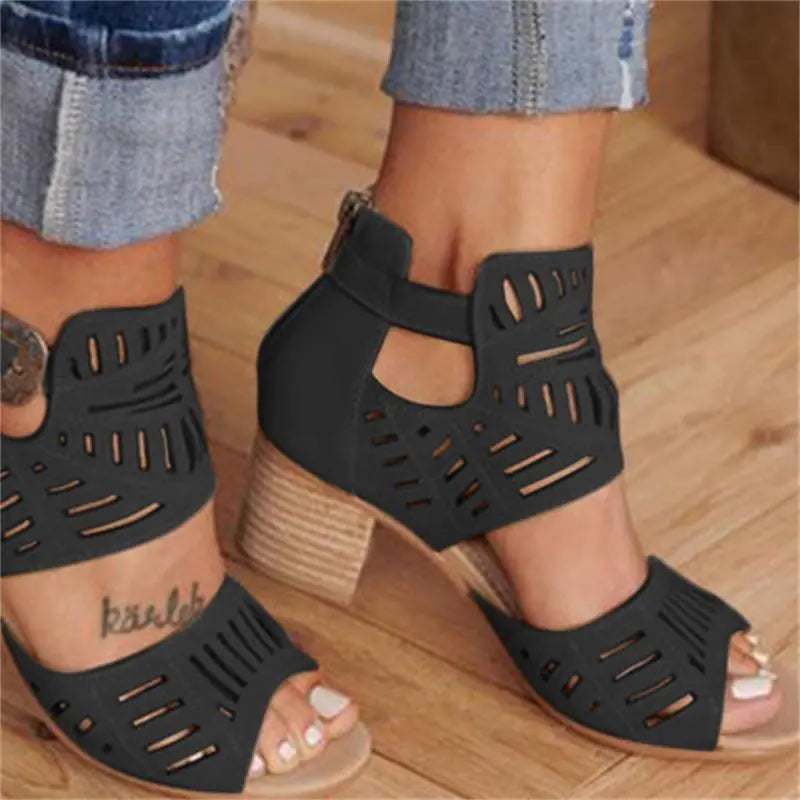 Women's Chunky Heel Sandals with Rhinestone Cutout