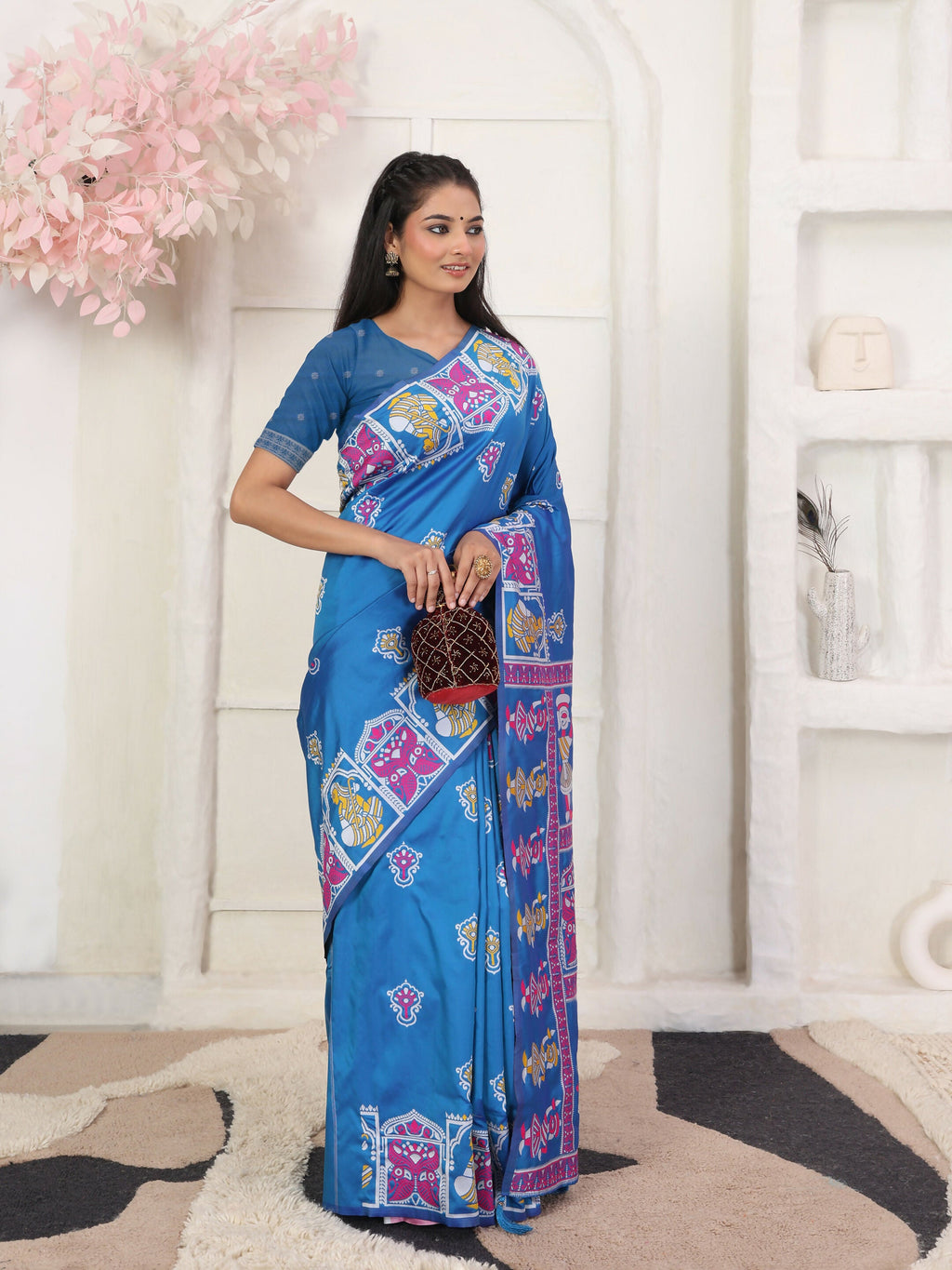 Classic blue silk blend saree with matching blouse fabric