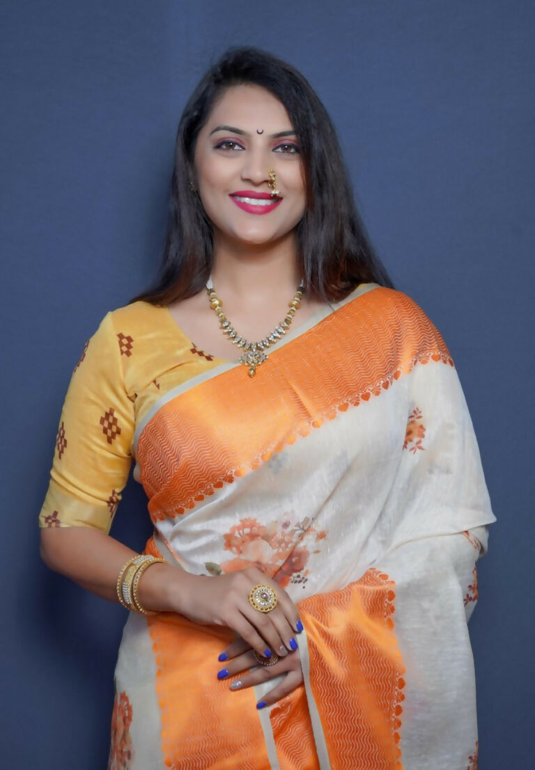 Orange Linen Silk Digital Print Saree with Jacquard Border