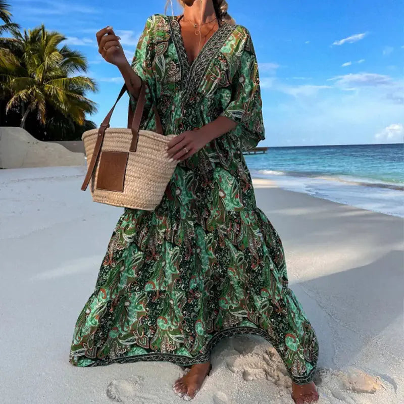 Women's Bohemian V-Neck Floral Maxi Dress