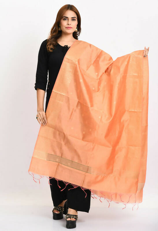 Peach Banarsi silk dupatta with gold geometric woven design