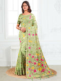 Elegant light green linen cotton saree with matching blouse fabric