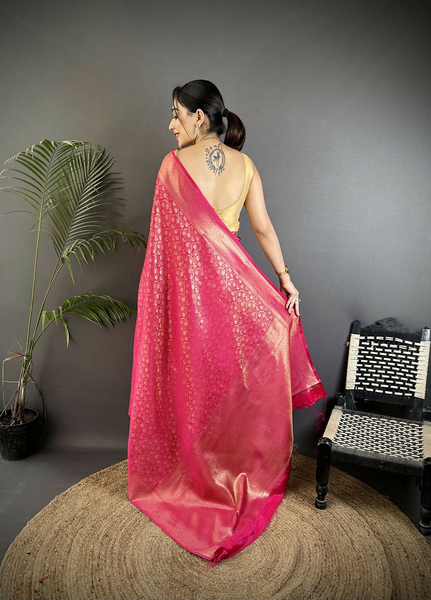 Rani Pink Floral & Paisley Soft Satin Silk Banarasi Saree