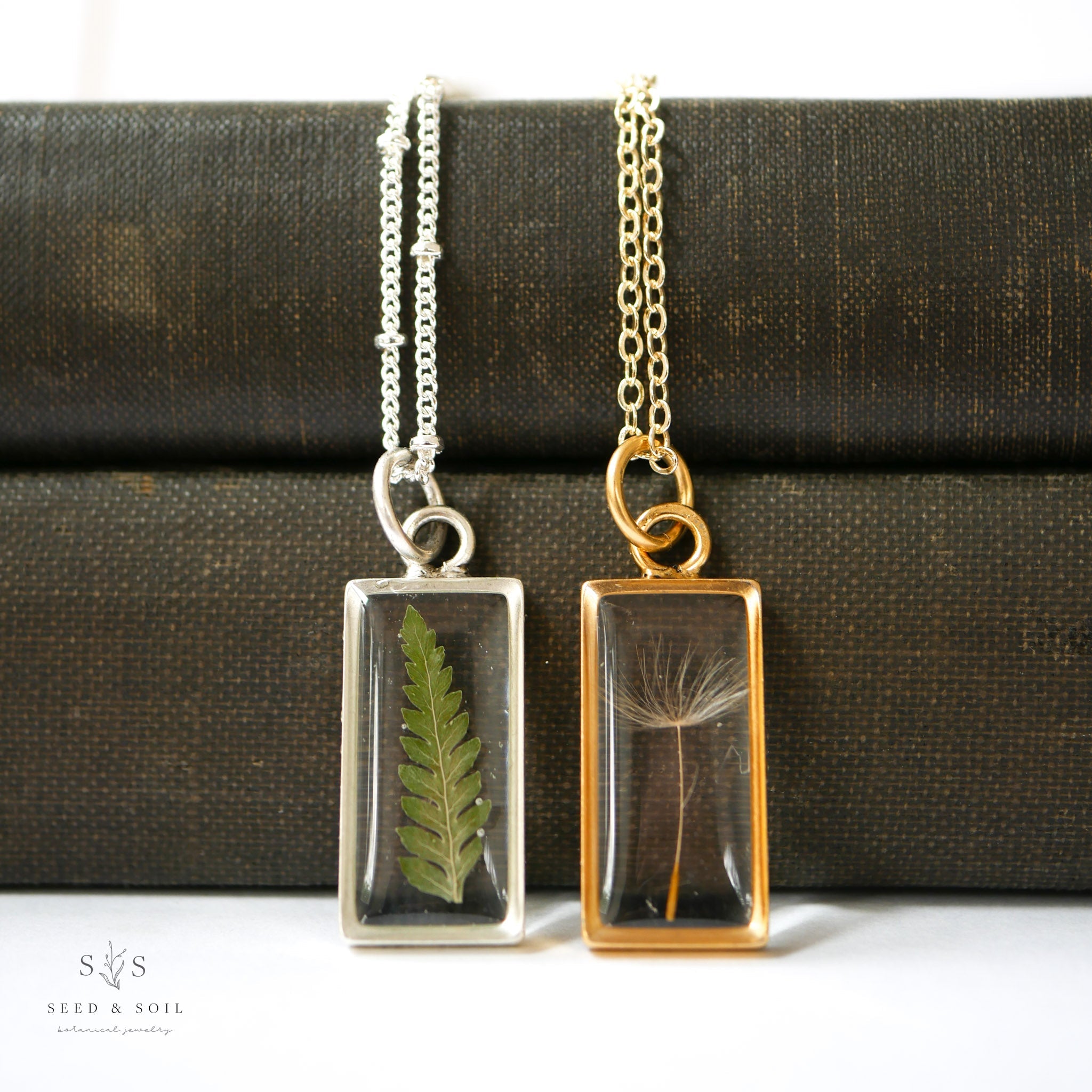 Large Rectangle Botanical Pendant Necklace Gold Silver
