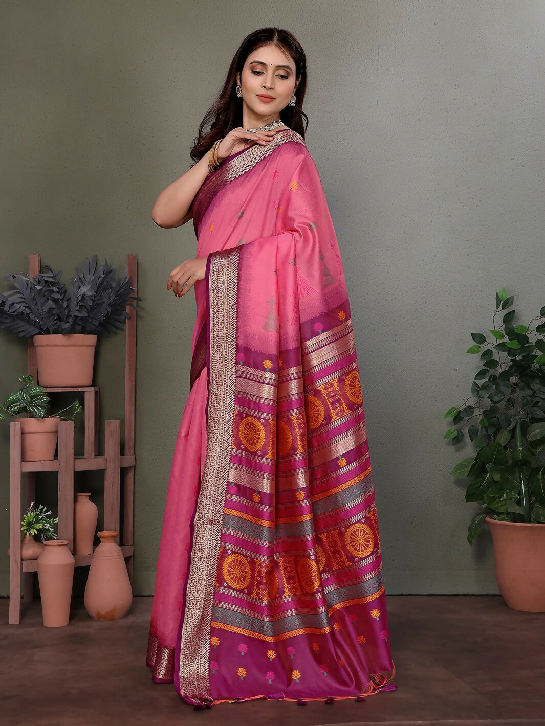 Pink Floral Banarasi Soft Silk Saree with Unstitched Blouse