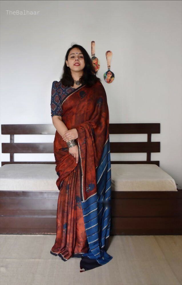 Brick and Navy Blue Dual Tone Silk Digital Printed Saree