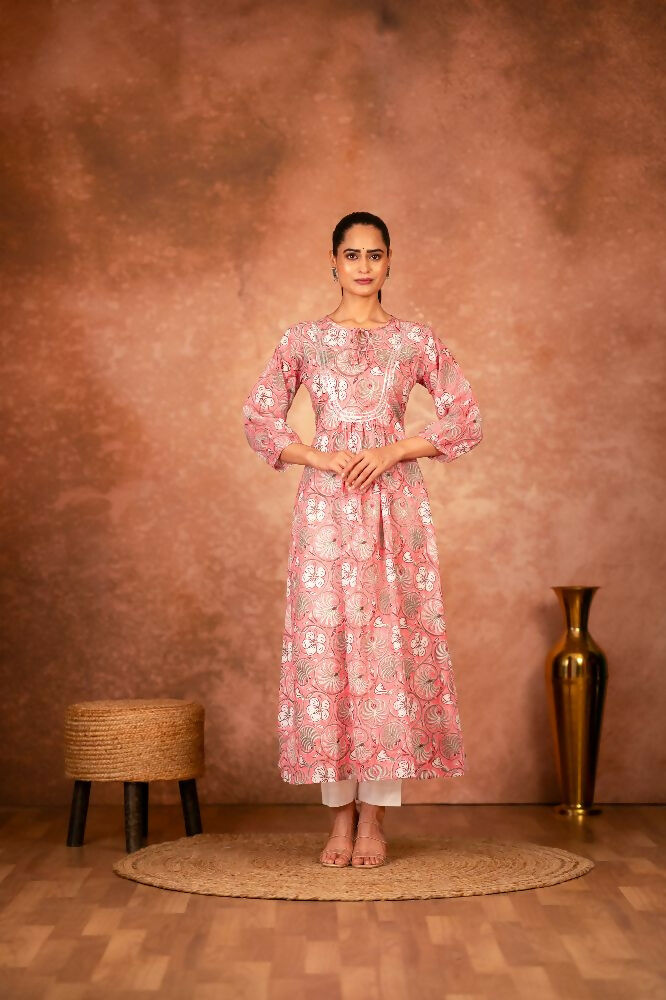 Pink Floral Hand Block Printed Cotton Kurta and Pant Set