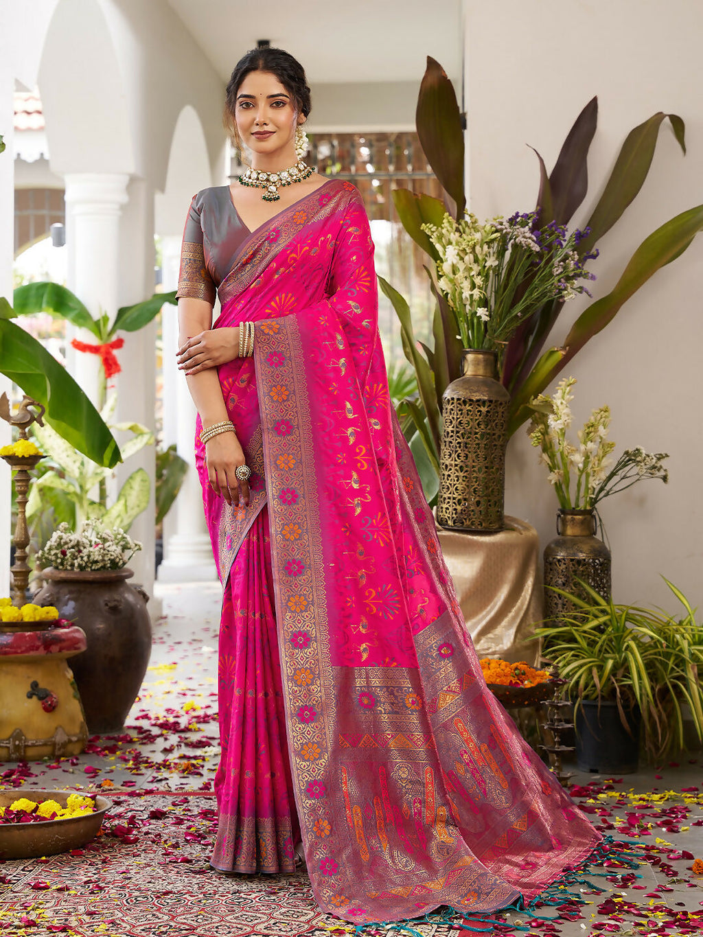 Shree Shyam Fashion Pink Soft Silk Saree with matching grey blouse
