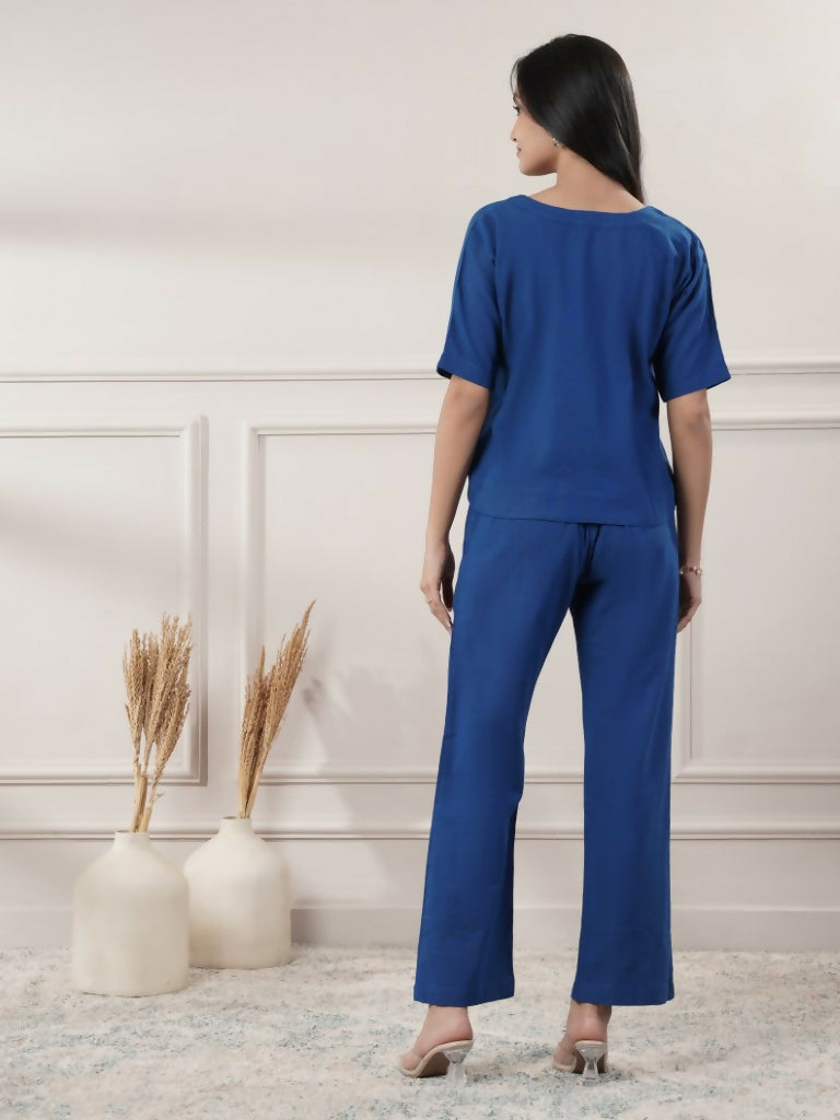 Royal Blue V-Neck Co-Ord Set for Women