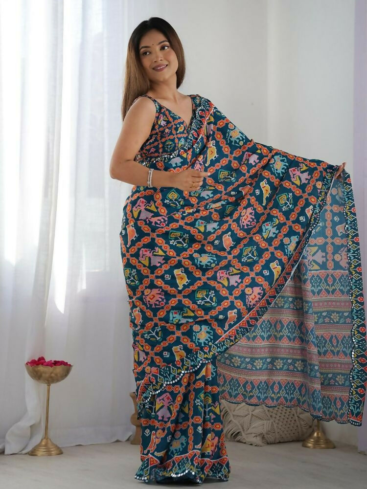 Dark Blue Georgette Digital Print Saree with Mirror Work