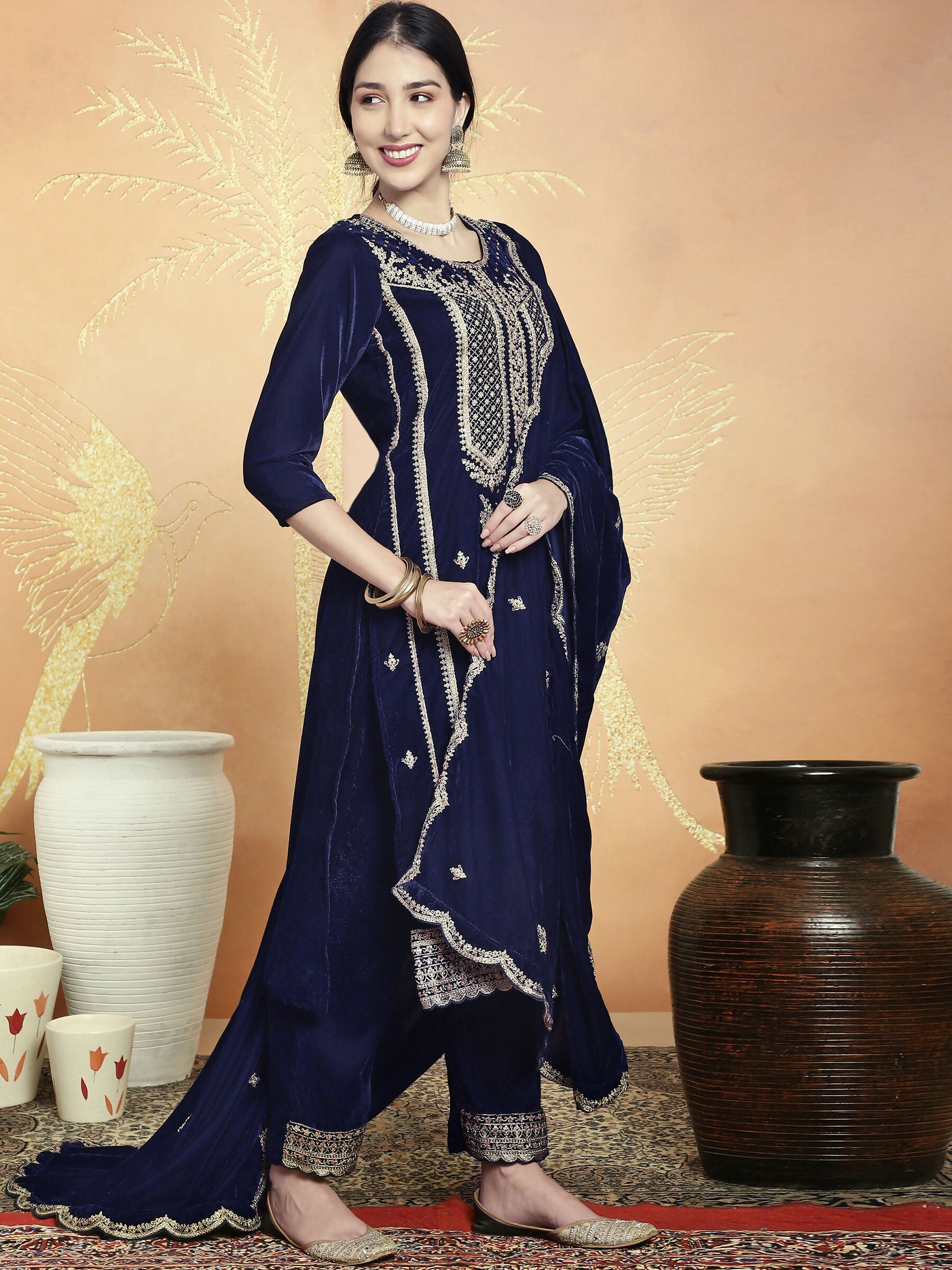 Navy Blue Velvet Straight Kurta Set with Sequin & Resham Embroidery