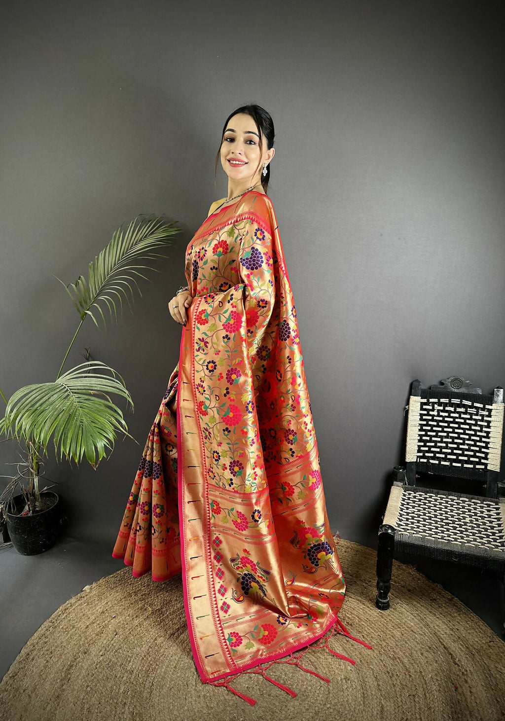 Golden-Orange Soft Silk Paithani Saree with Intricate Floral Motifs