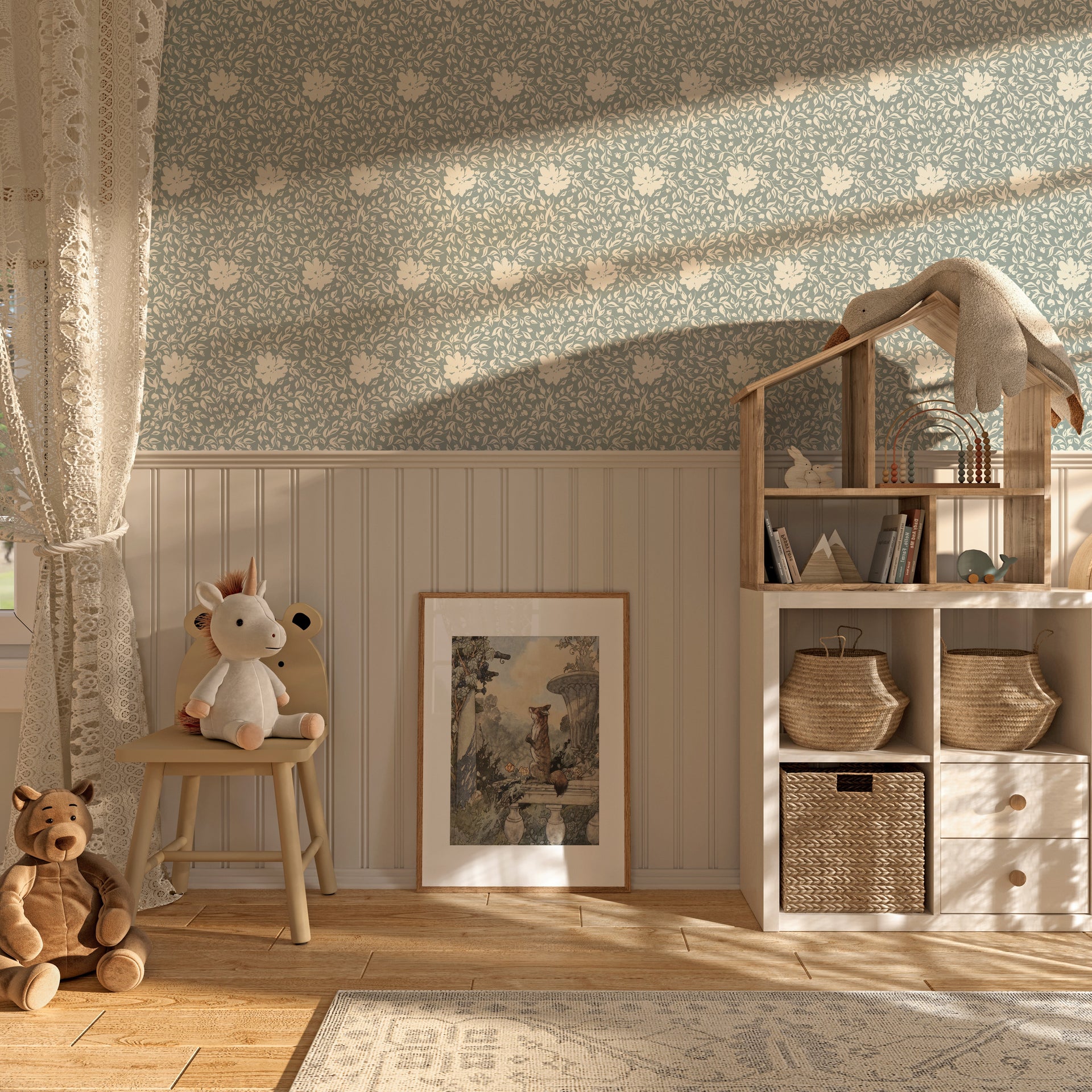 Layla Floral Wallpaper - Sage-Green & Off-White Traditional