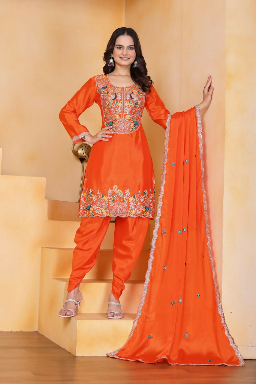 Orange Silk Embroidered Dhoti Set with Matching Kurti and Dupatta