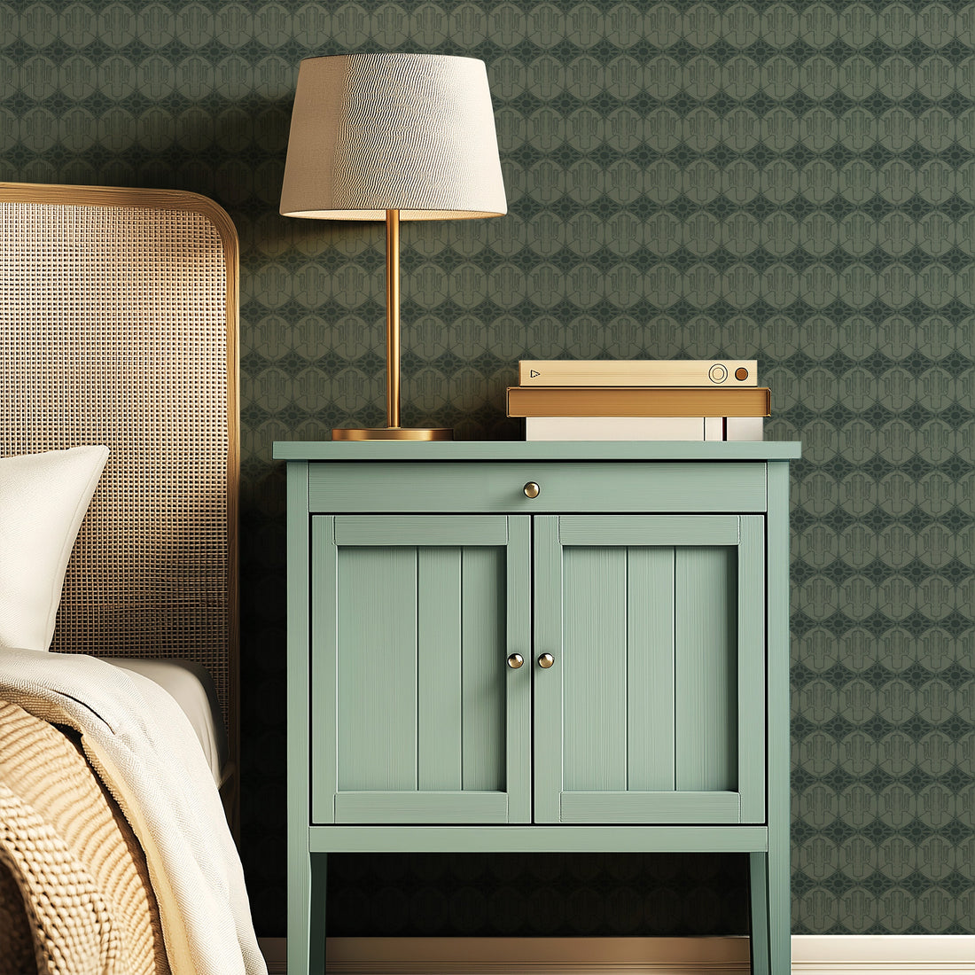 Luke geometric wallpaper by Erin Silliman Designs with green, pink, blue, and white colors