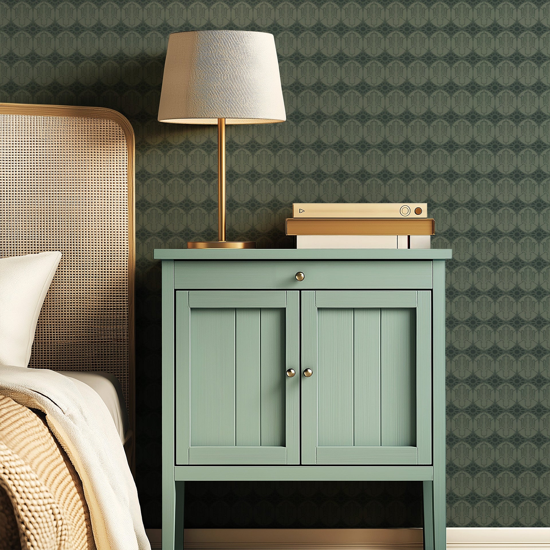 Luke geometric wallpaper by Erin Silliman Designs with green, pink, blue, and white colors