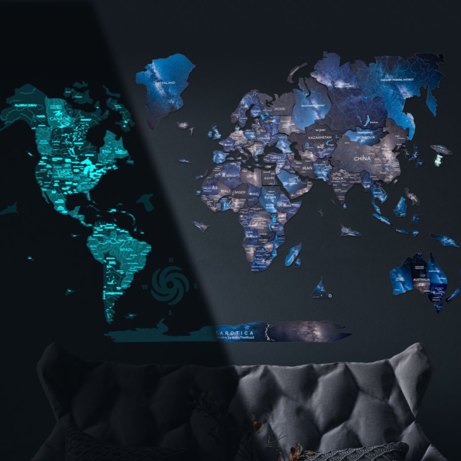 3D luminous wooden world map with space nebula gradient colors installed on a modern living room wall