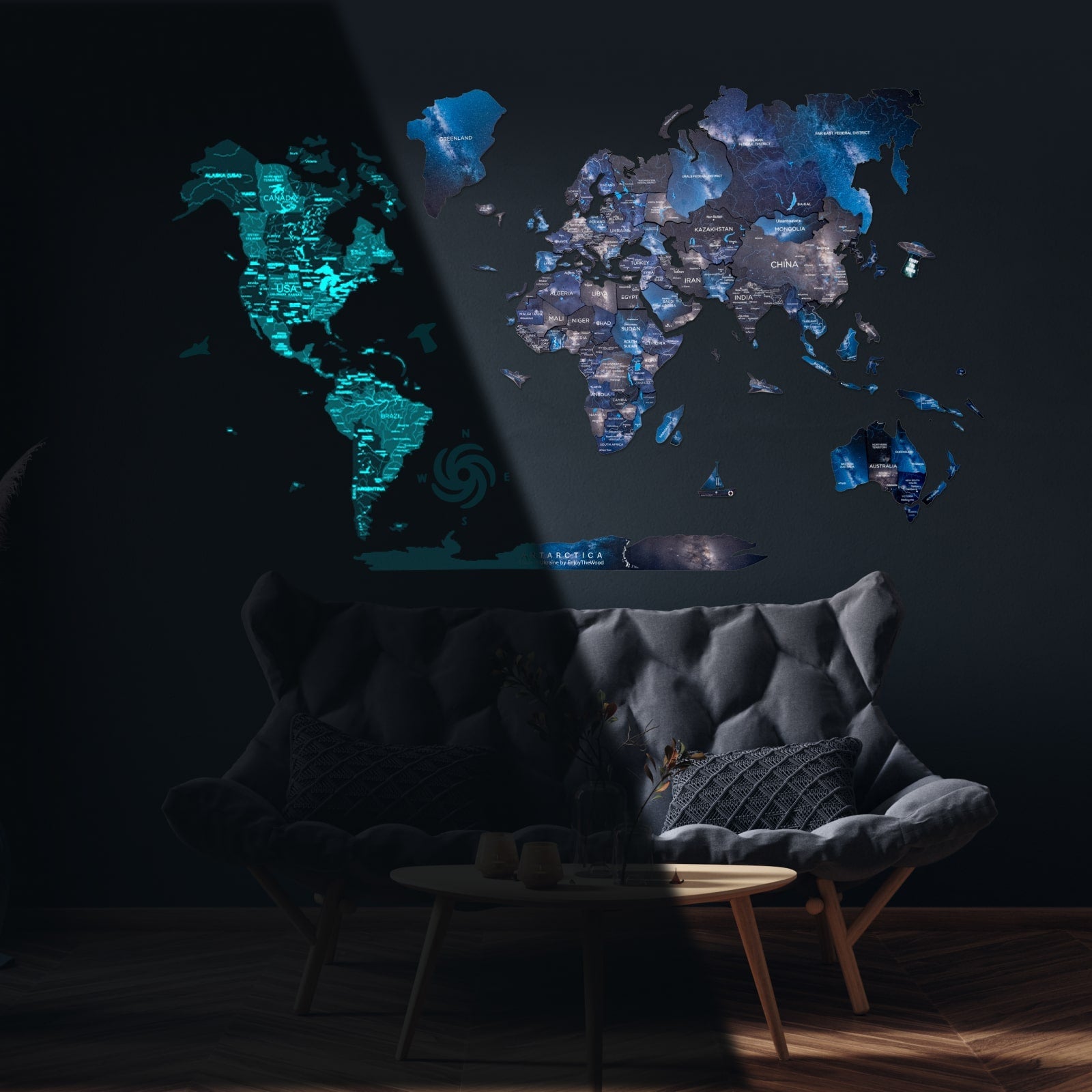 3D Luminous Wooden World Map Space - Modern Glow-in-Dark Wall Art