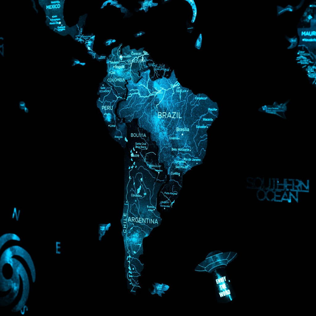 3D Luminous Wooden World Map Space - Modern Glow-in-Dark Wall Art