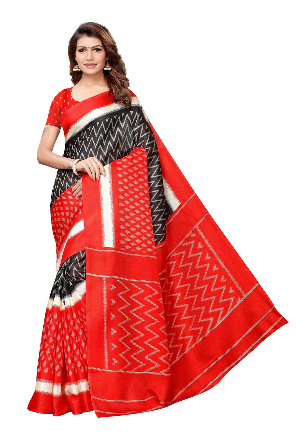 Vamika red and black Khadi silk saree with Kalamkari print and decorative Jhalar border