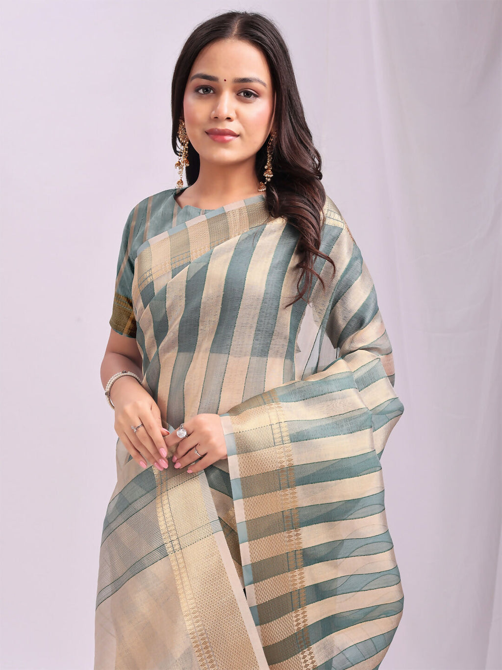 Green Organza Saree with Matching Blouse Piece