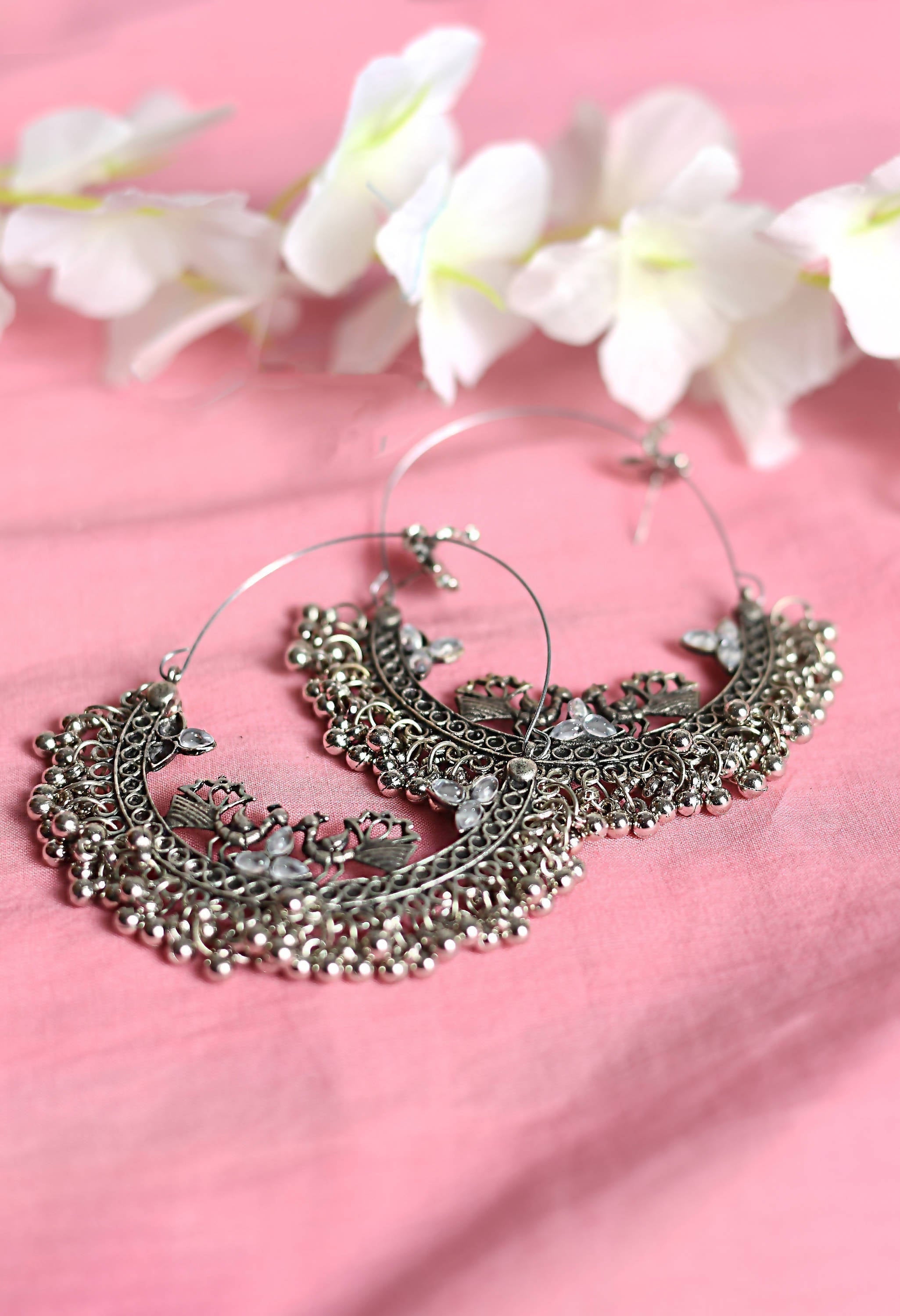 Silver Peacock Design Chandbali Earrings for Traditional Looks