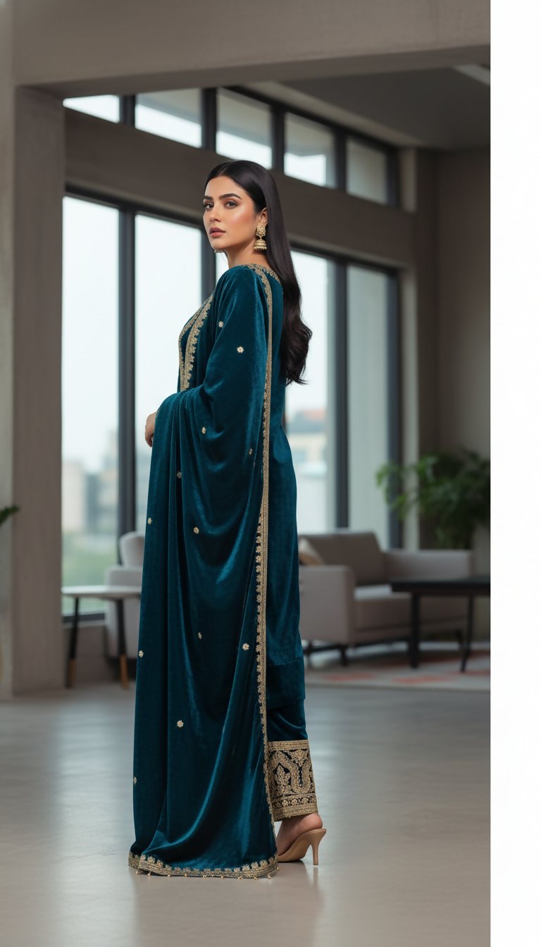 Teal Velvet Embroidery Sequence Work Readymade Kurta Set