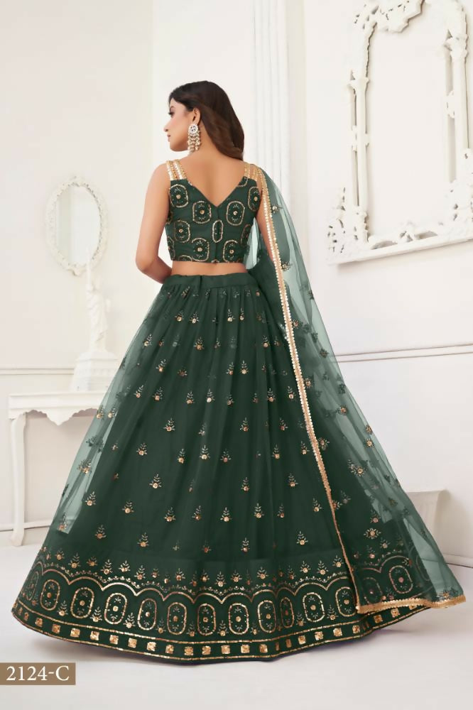 Dark Green Butterfly Net Lehenga with Sandwich Sequence Work
